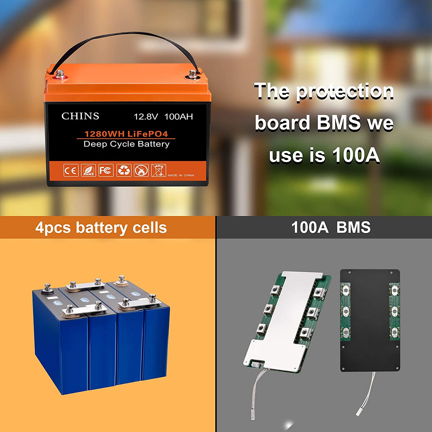 CHINS 24V 100Ah Lithium Battery, Built-in 100A BMS, 2000+ Cycles