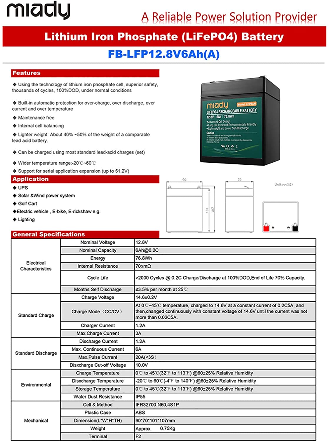 2000 Cycles 6V 6Ah Miady Lithium Iron Phosphate India