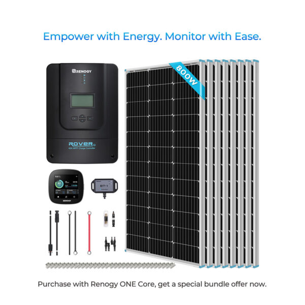 800W 12V/24V Monocrystalline Solar Premium Kit w/Rover 60A Charger Controller  w/Renogy ONE Core