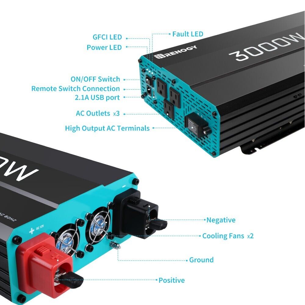 Renogy 3000W Pure Sine Wave Inverter 12V DC to 120V AC Converter for Home  RV USB