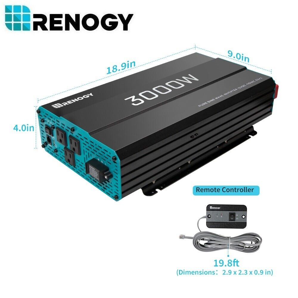 Renogy 3000W Pure Sine Wave Inverter 12V DC to 120V AC Converter for Home  RV USB