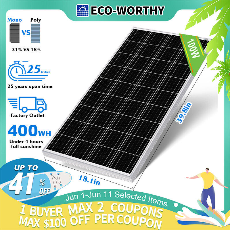 ECO-WORTHY 100W 200W Watt 12V Monocrystalline Solar Panel for Battery  Charger RV