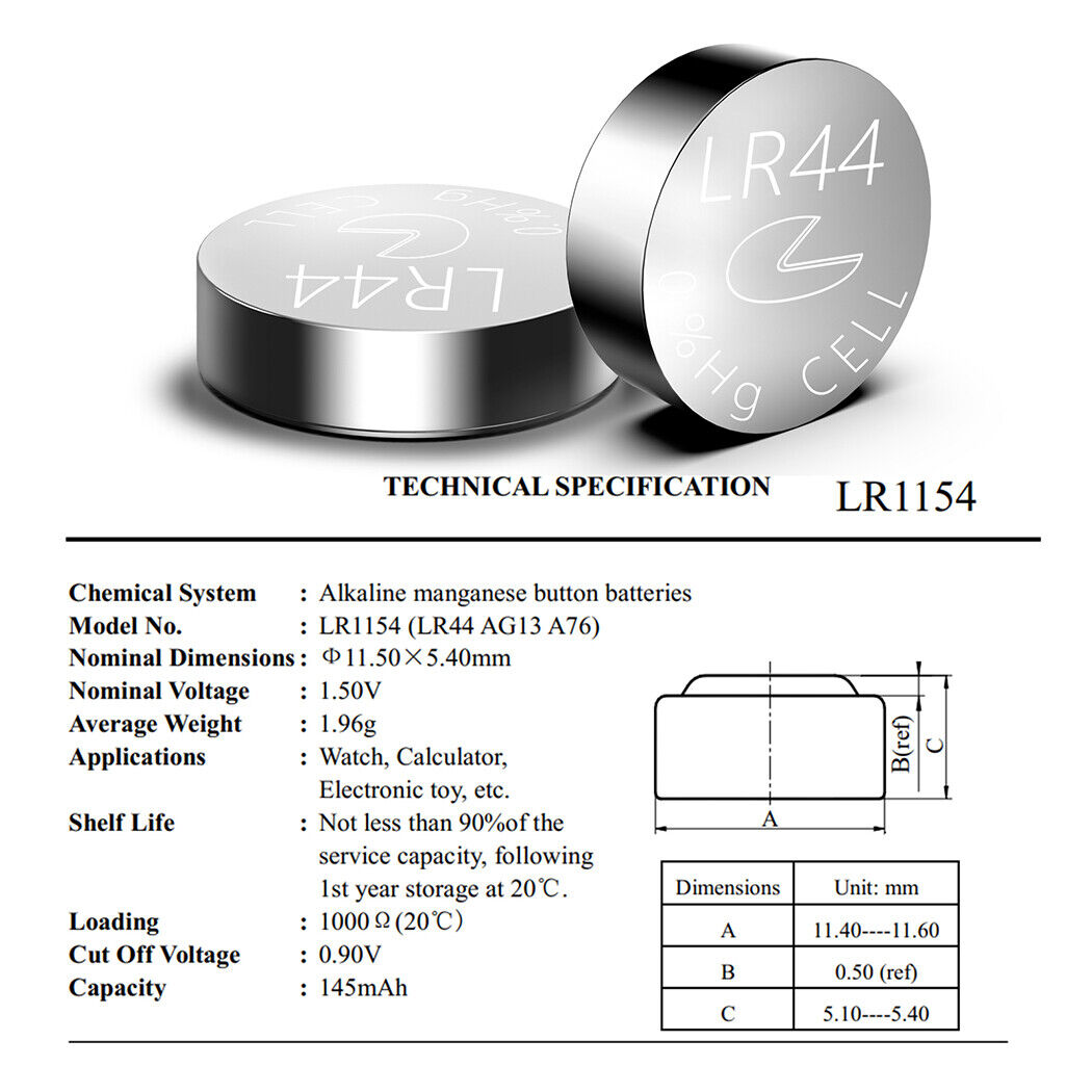 100 Pcs PKCELL LR44 AG13 357 L1154 A76 Button Cell Batteries for Toys  ,Watches